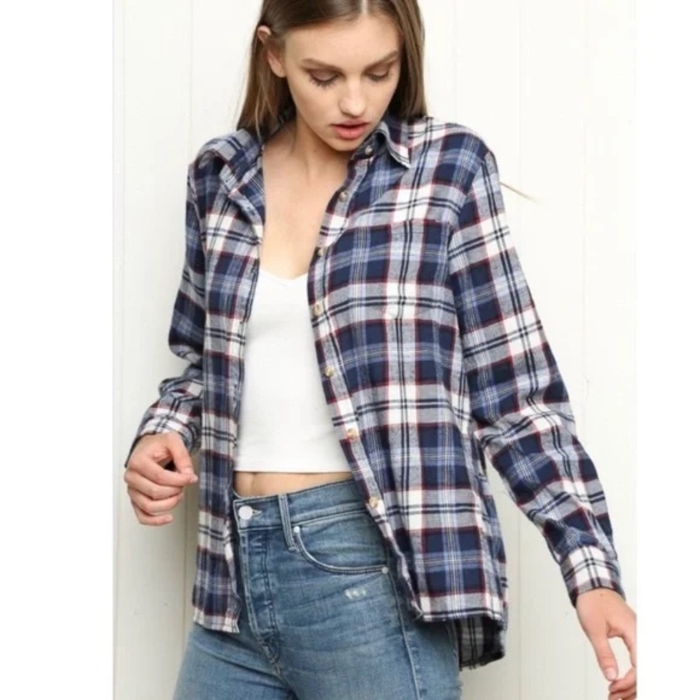 Brandi Melville Blue Plaid Button-Up Shirt small